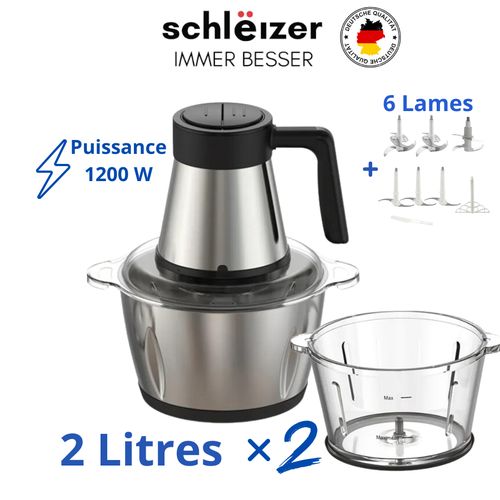 schlëizer Hachoir électrique professionnel -1200Watts - 2litres - 2bols Inox et verre