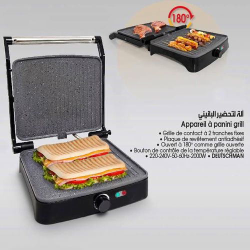 Panini Grill 2000W – Polyvalent 2 en 1 pour Paninis, Viandes et Légumes avec Ouverture à 180°